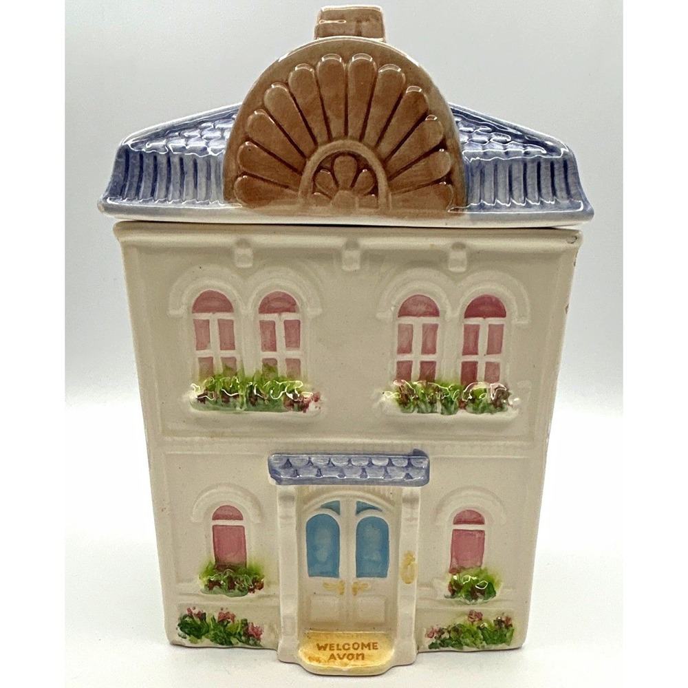 Vintage 1980s Avon Townhouse Canister Ceramic Cookie Jar 8in Victorian House